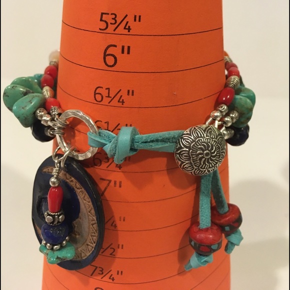 Boho Sundance Style Celestial Gemstone Turquoise Hill Tribe Silver Bracelet - Picture 7 of 10